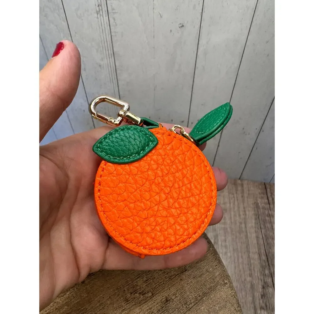 Set of 2 Apple Orange Pouch Purse Charms Fruit Keychains NeW FAST SHIP